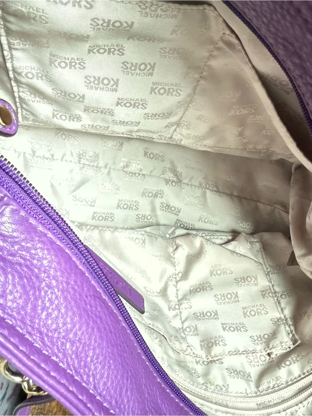 Michael Kors Purple Leather Tote Bag with Pink Scarf Accent - Picture 9 of 9